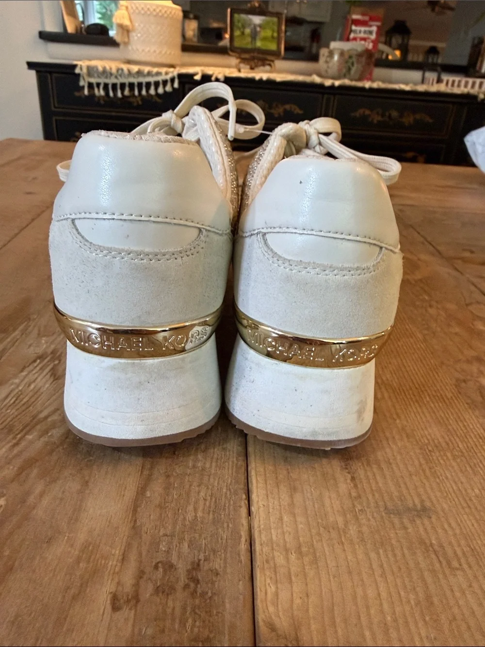 Michael Kors White Kids Sneakers with Gold Rhinestone Accents